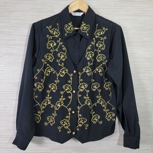 Sellecca Women's Black Blouse Gold Embroidered Western Dress Top Size 12